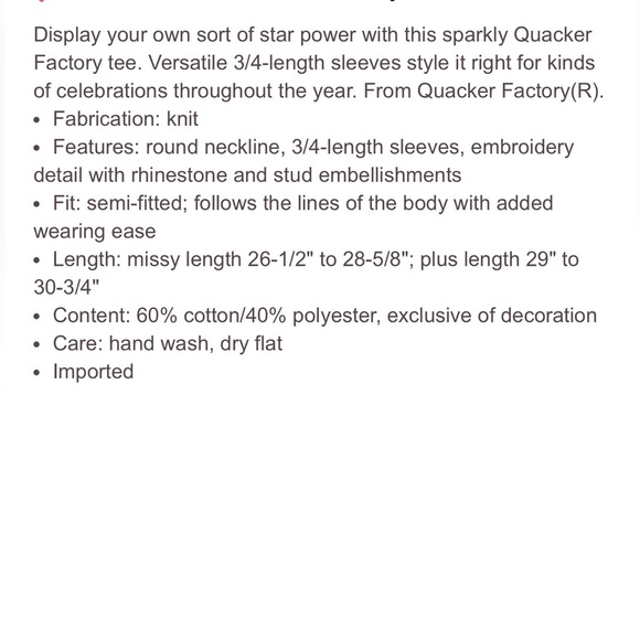 Quacker Factory 3/4 sleeve, Stud & Stone, square neckline top, very good condt - Picture 7 of 7